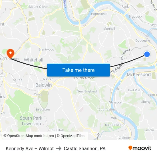 Kennedy Ave + Wilmot to Castle Shannon,  PA map