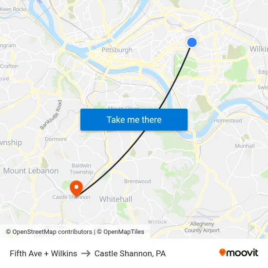Fifth Ave + Wilkins to Castle Shannon,  PA map