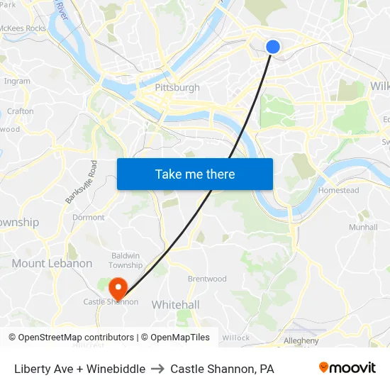 Liberty Ave + Winebiddle to Castle Shannon,  PA map