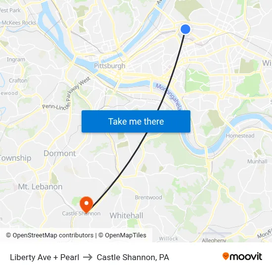 Liberty Ave + Pearl to Castle Shannon,  PA map