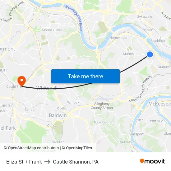 Eliza St + Frank to Castle Shannon,  PA map
