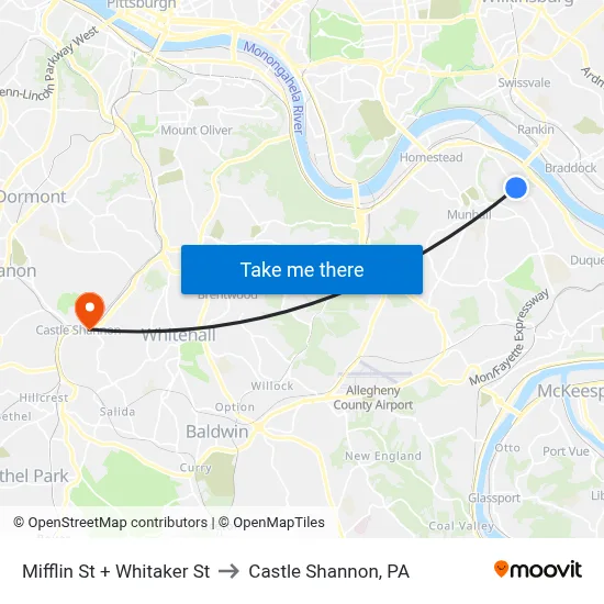 Mifflin St + Whitaker St to Castle Shannon,  PA map