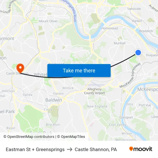Eastman St + Greensprings to Castle Shannon,  PA map