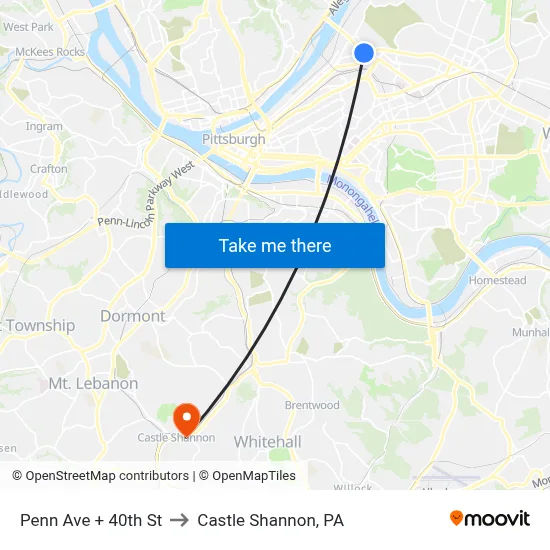 Penn Ave + 40th St to Castle Shannon,  PA map