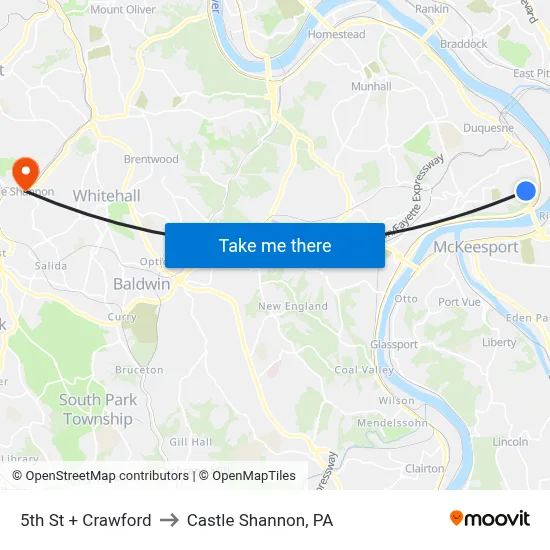 5th St + Crawford to Castle Shannon,  PA map