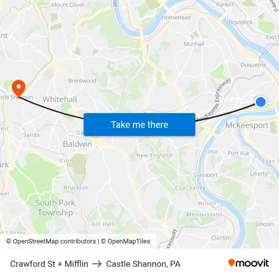 Crawford St + Mifflin to Castle Shannon,  PA map