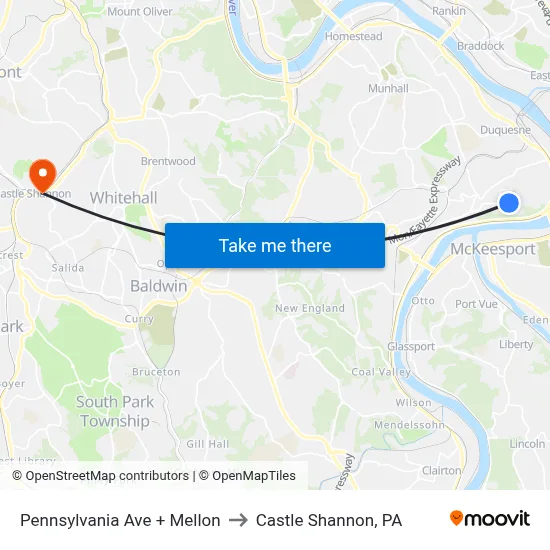 Pennsylvania Ave + Mellon to Castle Shannon,  PA map