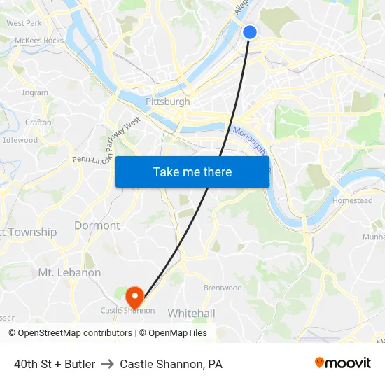 40th St + Butler to Castle Shannon,  PA map