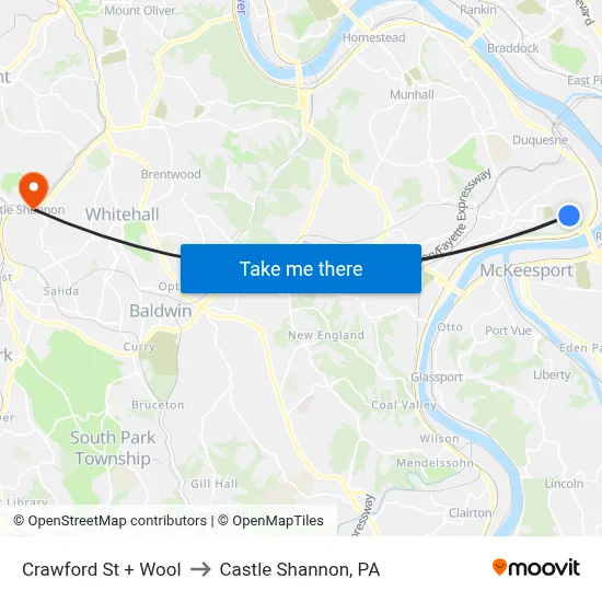 Crawford St + Wool to Castle Shannon,  PA map