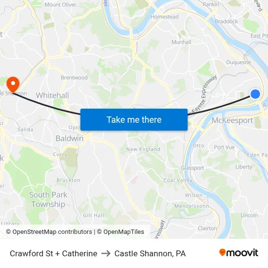 Crawford St + Catherine to Castle Shannon,  PA map