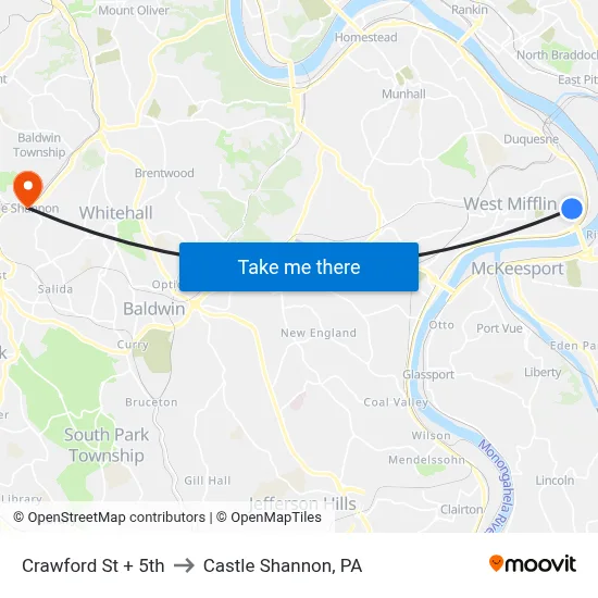 Crawford St + 5th to Castle Shannon,  PA map