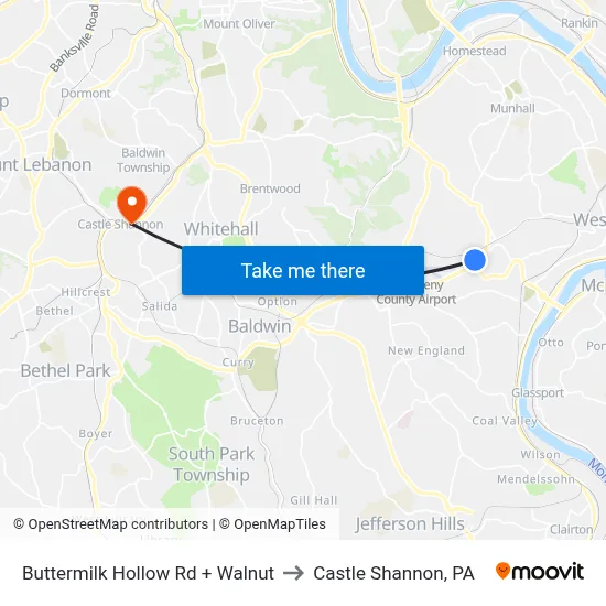 Buttermilk Hollow Rd + Walnut to Castle Shannon,  PA map