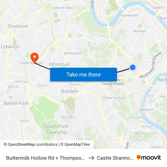 Buttermilk Hollow Rd + Thompson Run FS to Castle Shannon,  PA map