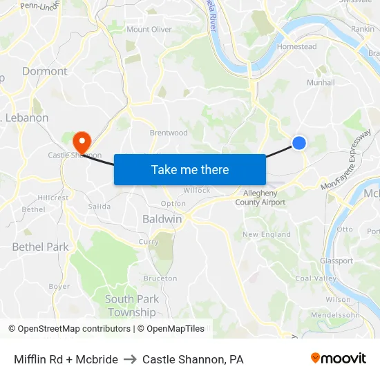 Mifflin Rd + Mcbride to Castle Shannon,  PA map