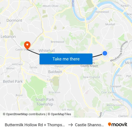 Buttermilk Hollow Rd + Thompson Run to Castle Shannon,  PA map