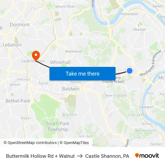 Buttermilk Hollow Rd + Walnut to Castle Shannon,  PA map