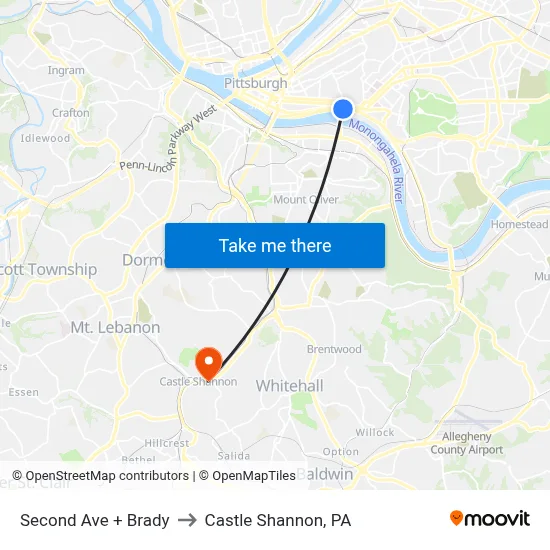 Second Ave + Brady to Castle Shannon,  PA map