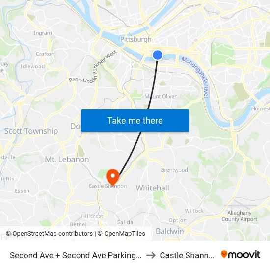 Second Ave + Second Ave Parking Pl (#1250) to Castle Shannon,  PA map
