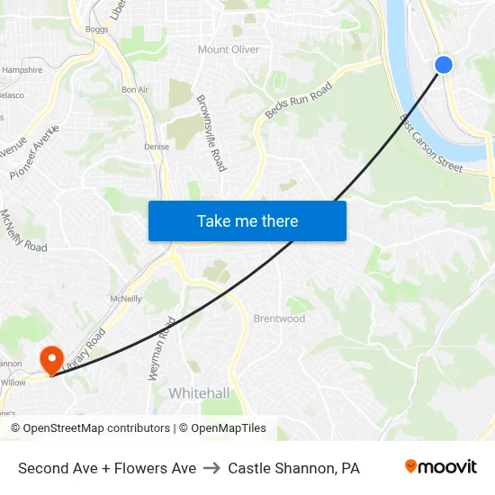 Second Ave + Flowers Ave to Castle Shannon,  PA map