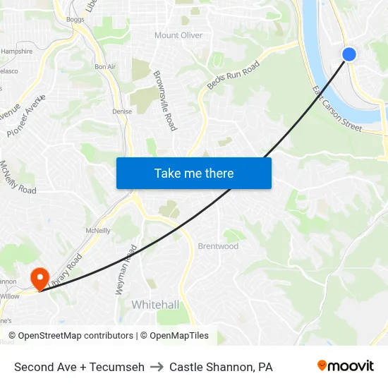 Second Ave + Tecumseh to Castle Shannon,  PA map