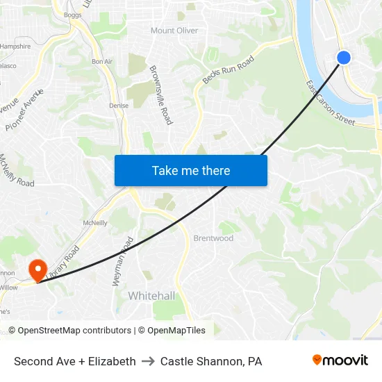 Second Ave + Elizabeth to Castle Shannon,  PA map