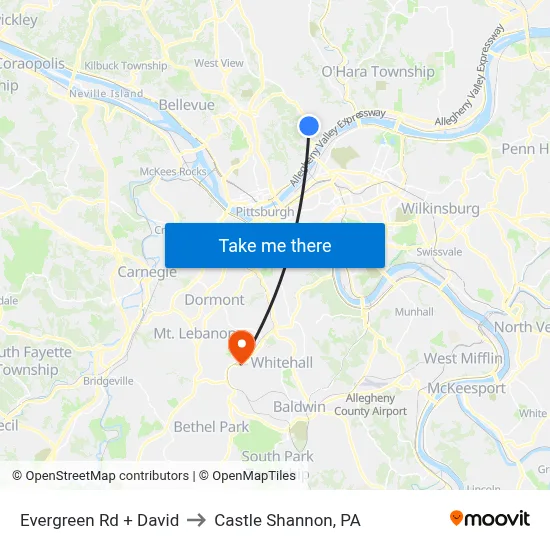 Evergreen Rd + David to Castle Shannon,  PA map