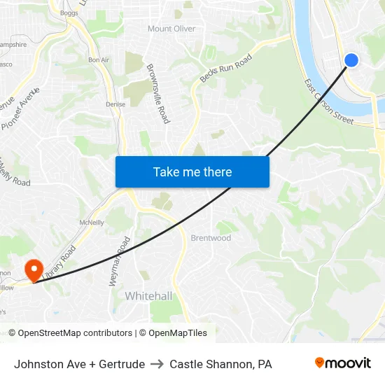 Johnston Ave + Gertrude to Castle Shannon,  PA map