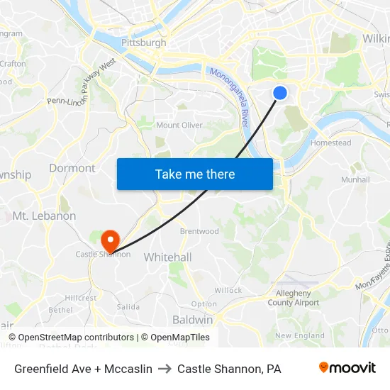 Greenfield Ave + Mccaslin to Castle Shannon,  PA map