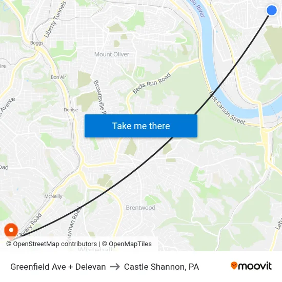 Greenfield Ave + Delevan to Castle Shannon,  PA map
