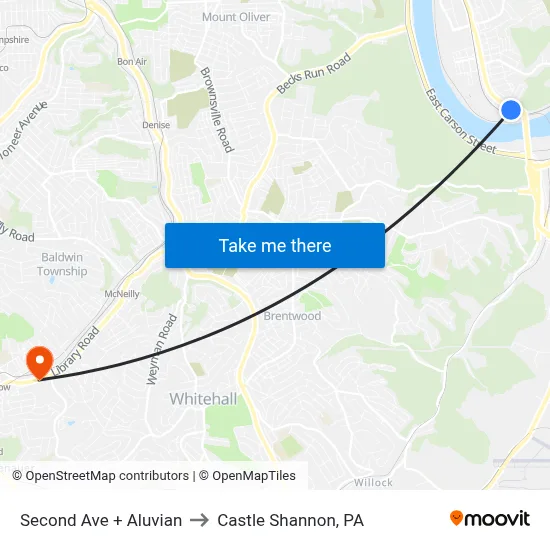 Second Ave + Aluvian to Castle Shannon,  PA map