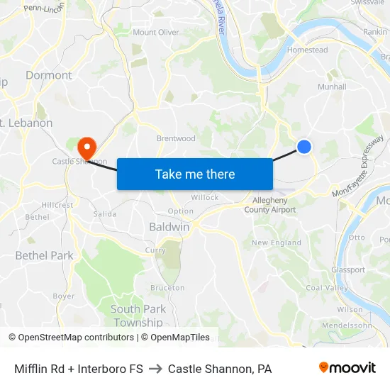 Mifflin Rd + Interboro FS to Castle Shannon,  PA map