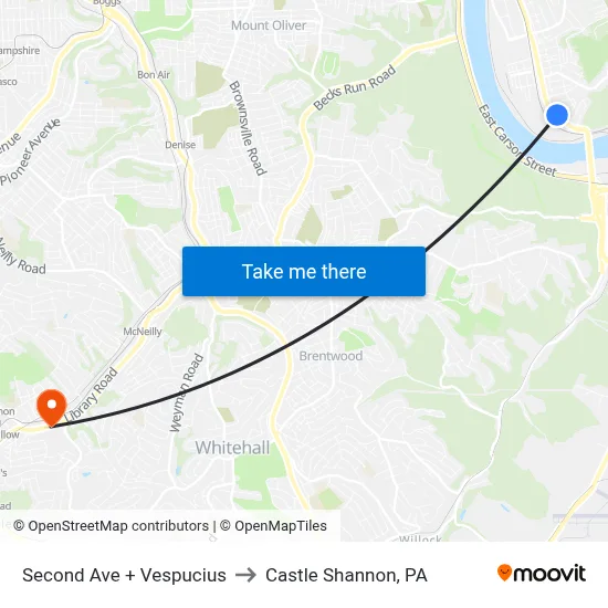 Second Ave + Vespucius to Castle Shannon,  PA map