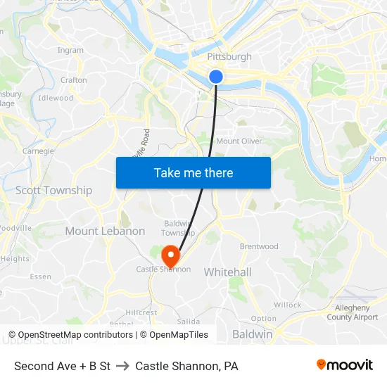Second Ave + B St to Castle Shannon,  PA map