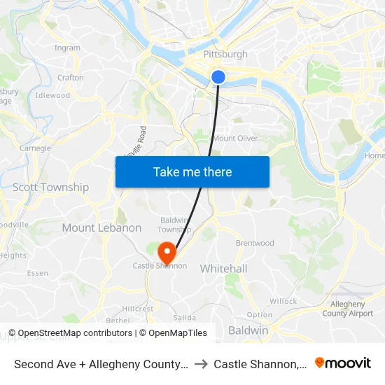 Second Ave + Allegheny County Jail to Castle Shannon,  PA map