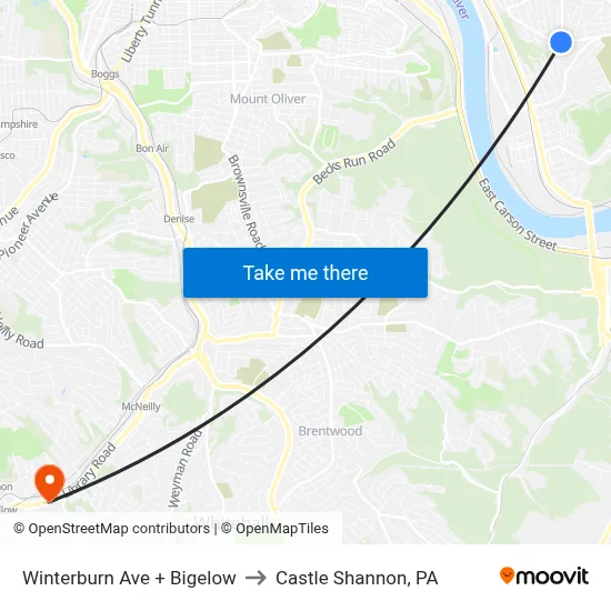 Winterburn Ave + Bigelow to Castle Shannon,  PA map