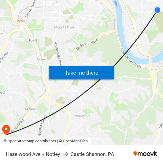 Hazelwood Ave + Notley to Castle Shannon,  PA map