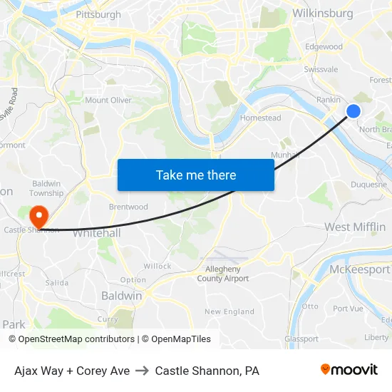 Ajax Way + Corey Ave to Castle Shannon,  PA map