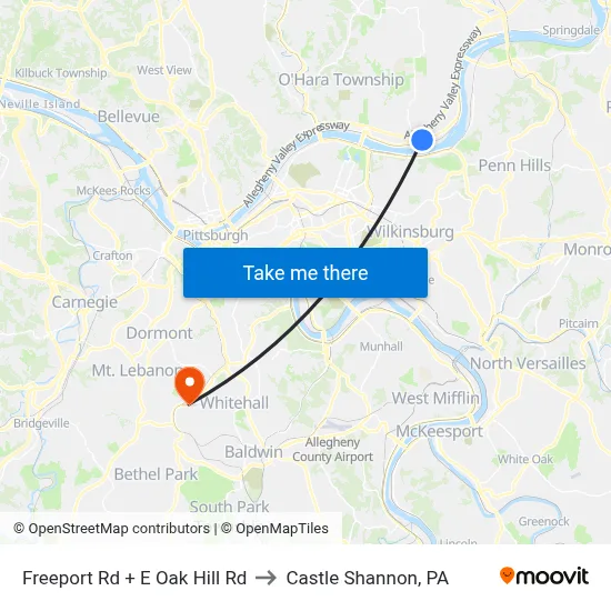 Freeport Rd + E Oak Hill Rd to Castle Shannon,  PA map
