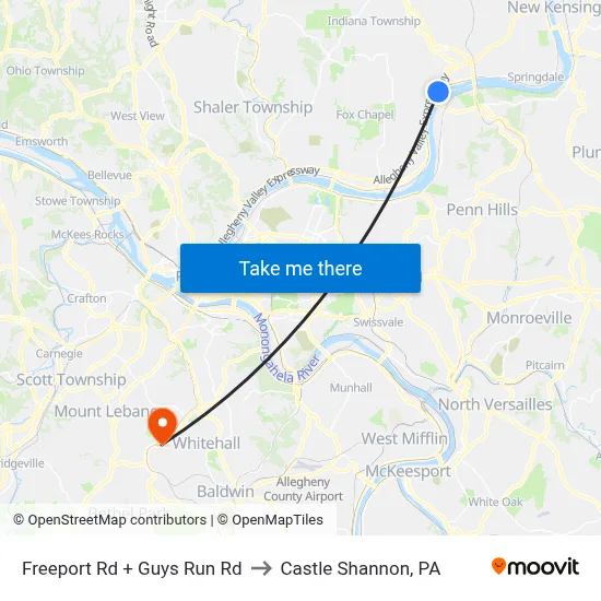 Freeport Rd + Guys Run Rd to Castle Shannon,  PA map