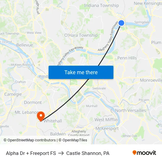 Alpha Dr + Freeport FS to Castle Shannon,  PA map