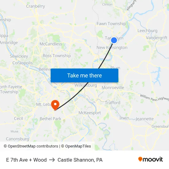 E 7th Ave + Wood to Castle Shannon,  PA map