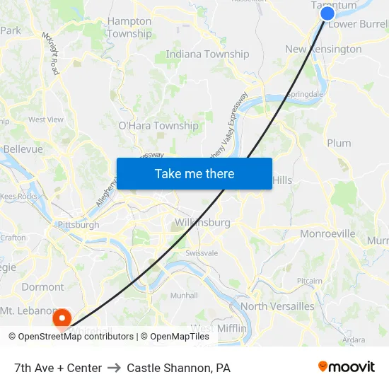 7th Ave + Center to Castle Shannon,  PA map