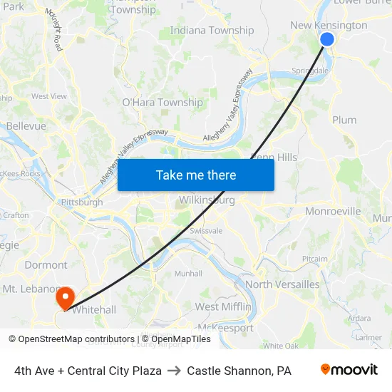 4th Ave + Central City Plaza to Castle Shannon,  PA map