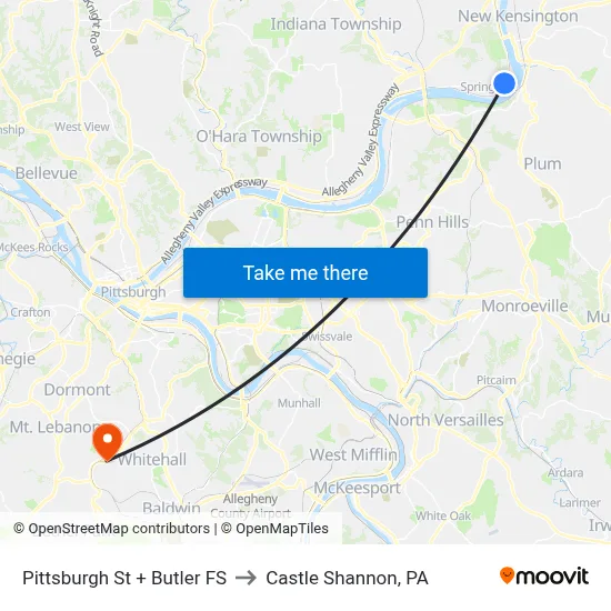 Pittsburgh St + Butler FS to Castle Shannon,  PA map