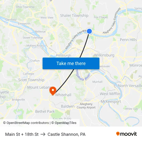 Main St + 18th St to Castle Shannon,  PA map