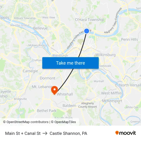 Main St + Canal St to Castle Shannon,  PA map