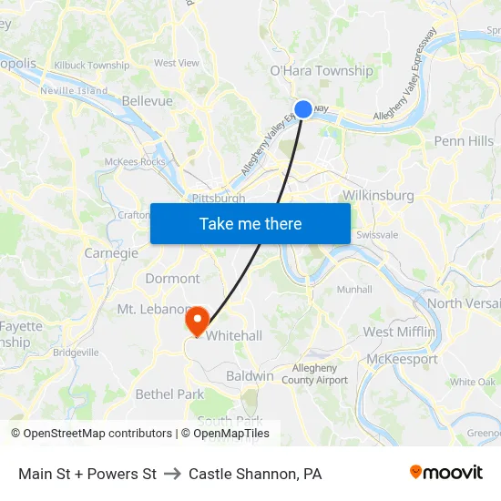 Main St + Powers St to Castle Shannon,  PA map