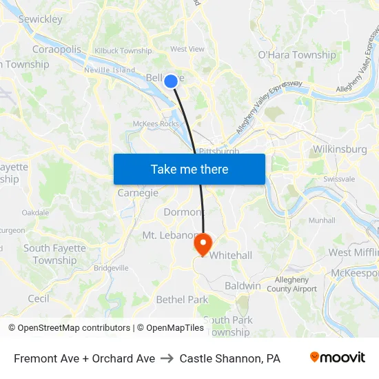 Fremont Ave + Orchard Ave to Castle Shannon,  PA map