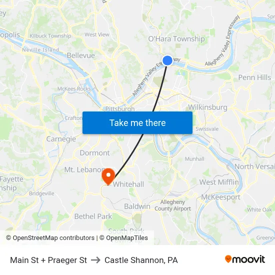 Main St + Praeger St to Castle Shannon,  PA map
