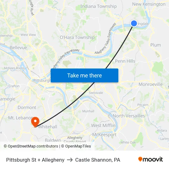 Pittsburgh St + Allegheny to Castle Shannon,  PA map